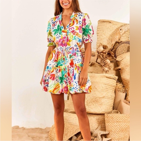 Farm Rio Anthropologie White Good Vibes Mini Dress - Picture 10 of 11